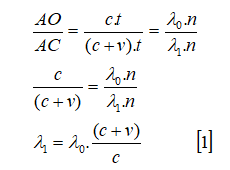 AO/AC = c·t/((c+v)·t) = λ₀·n/(λ₁·n); c/(c+v) = λ₀/λ₁; λ₁ = λ₀·(c+v)/c [1]