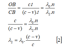 BO/BC = c·t/((c−v)·t) = λ₀·n/(λ₂·n); c/(c−v) = λ₀/λ₂; λ₂ = λ₀·(c−v)/c [2]